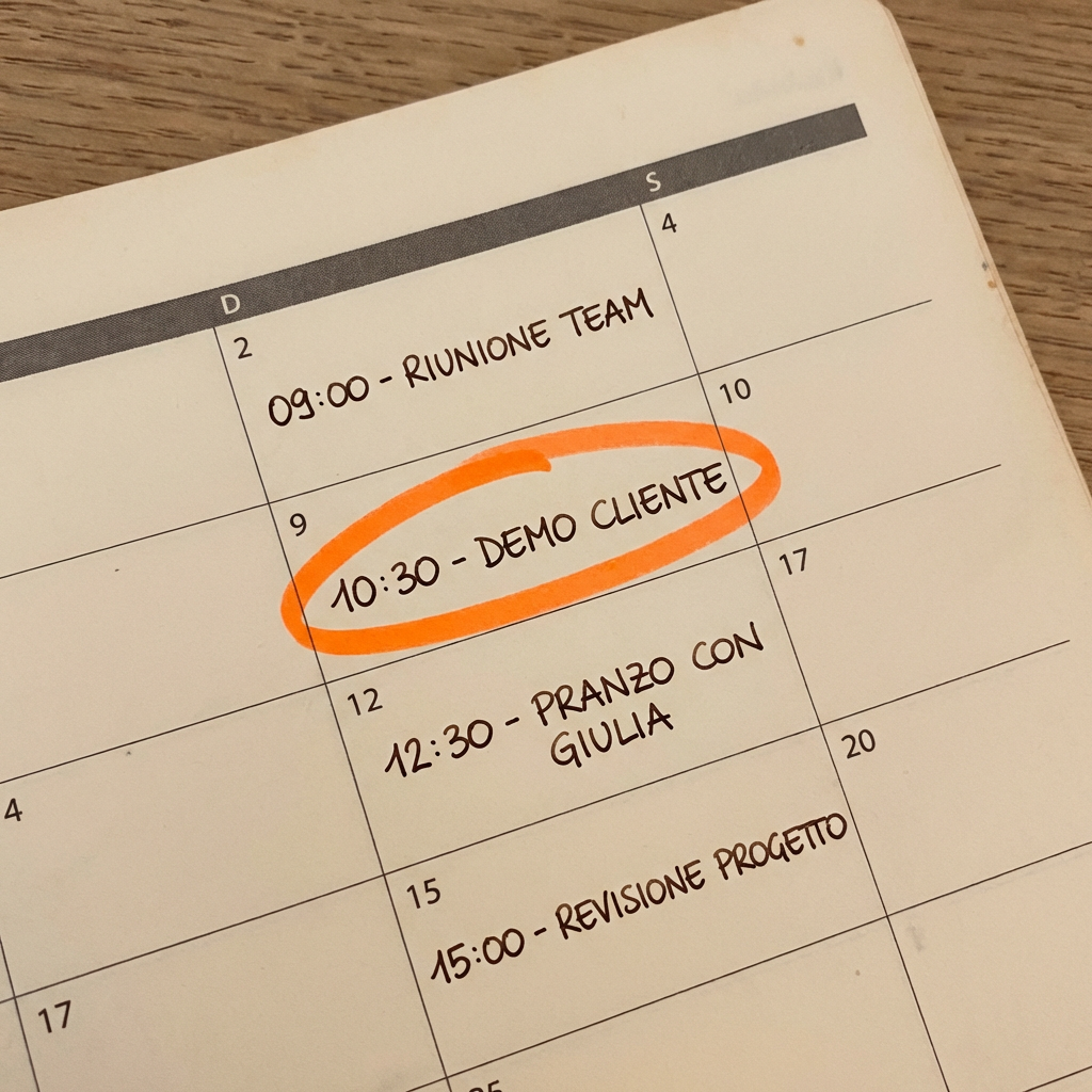 Calendario con 'DEMO CLIENTE' cerchiato in arancio