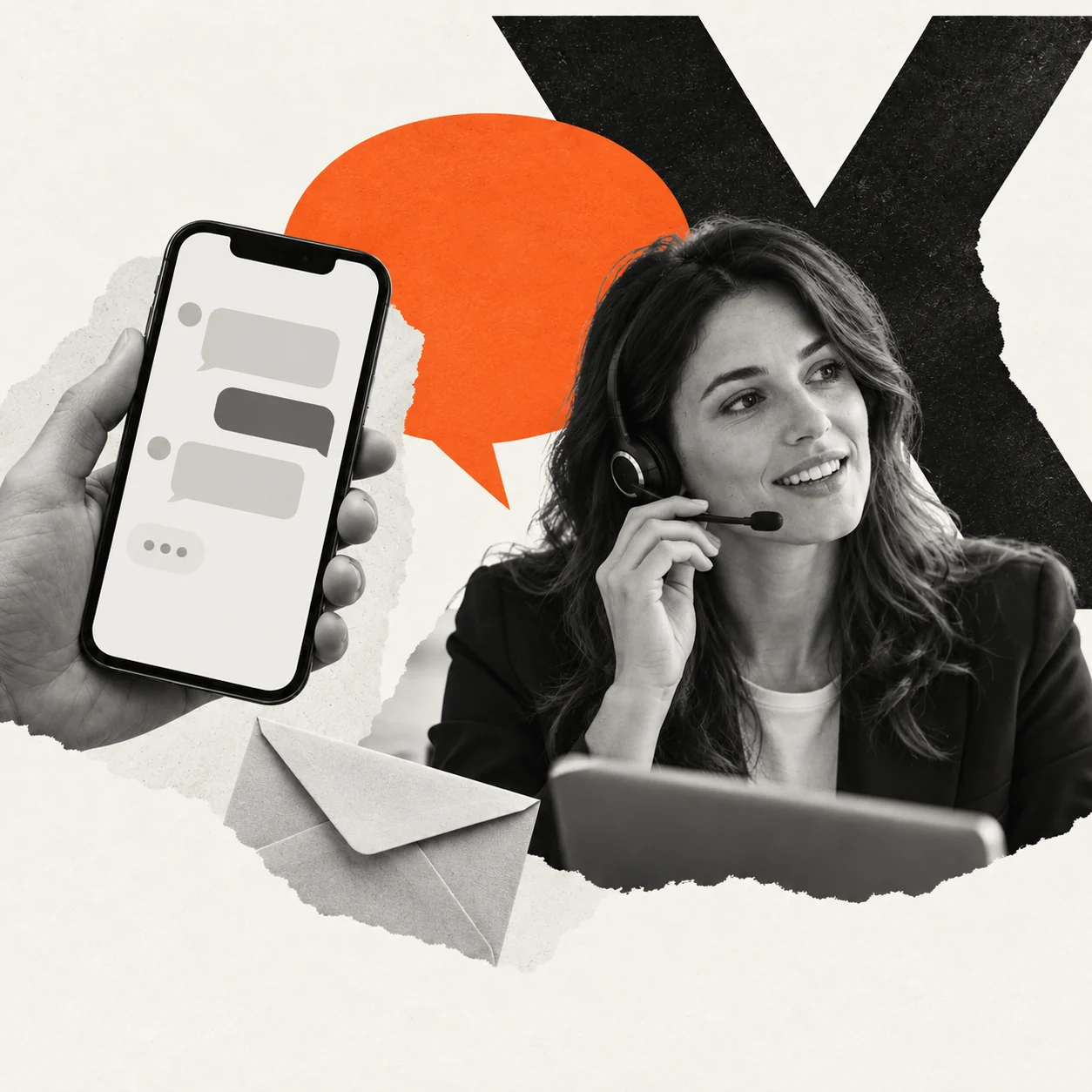 Contatto: conversazioni via messaggio e telefono, illustrate da uno smartphone e una professionista con cuffie